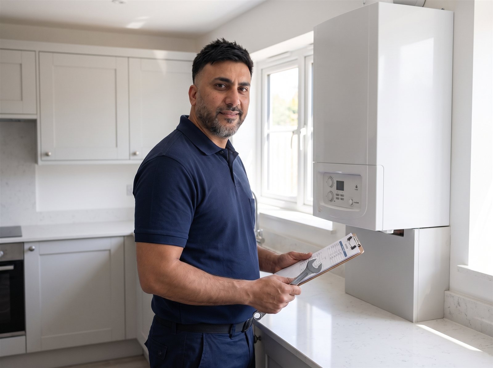Ali, Gas Safe registered engineer, beside a serviced boiler
