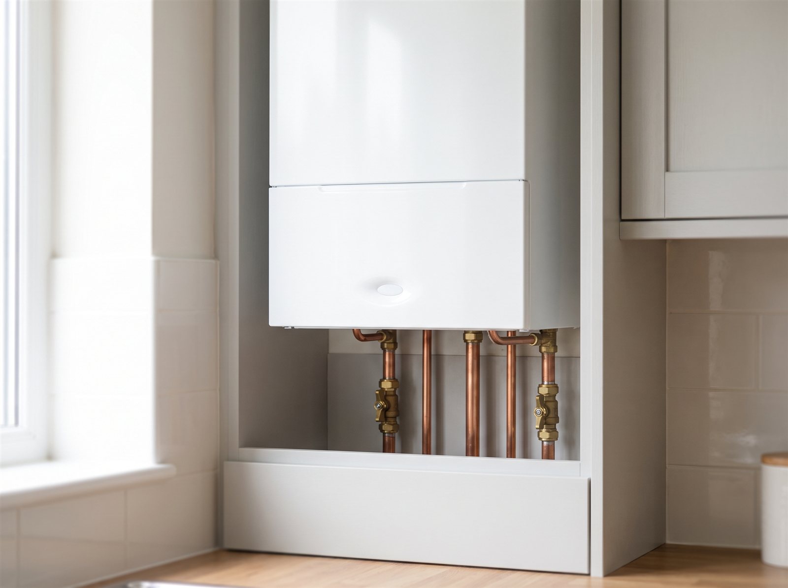 Modern white wall-mounted combi boiler with tidy copper pipework