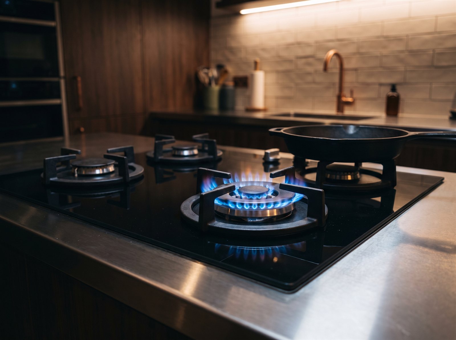 Gas hob with blue flames on a modern cooktop