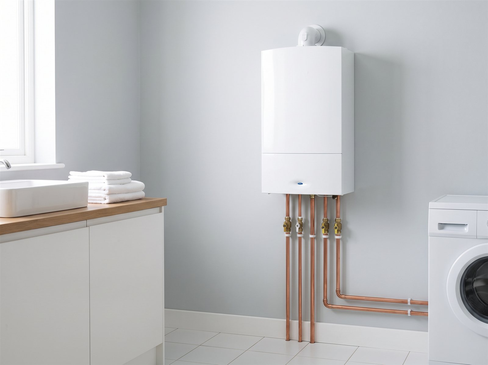 Newly installed combi boiler with tidy pipework
