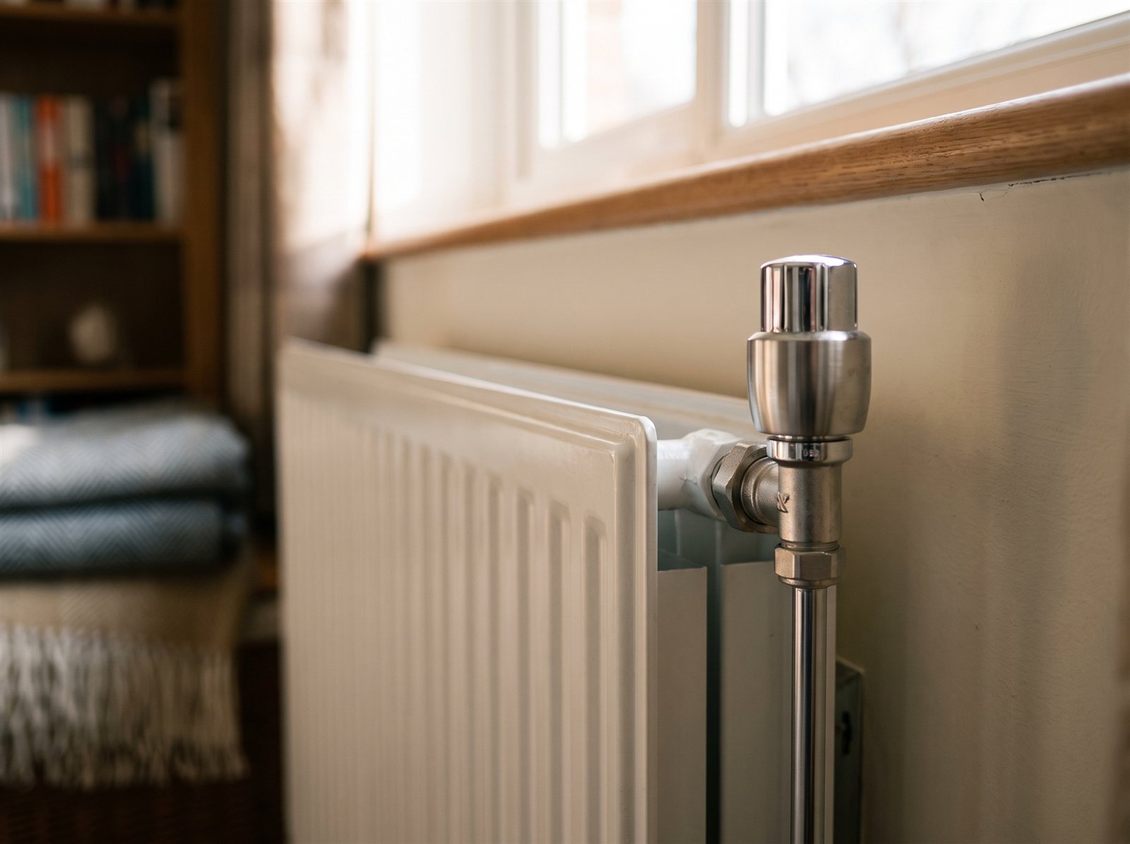 Modern white radiator with thermostatic valve